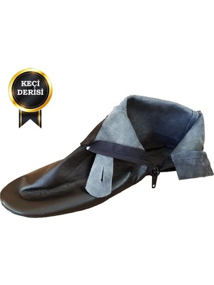 bilqasmi Hakiki Keçi Derisi Erkek-Kadın Mest Fermuarlı, Astarsız, Abdest Uyumlu Siyah