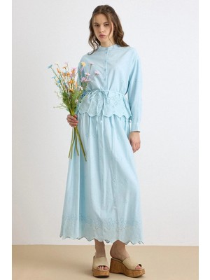 Olcay Brodeli Kumaş Exclusive Gömlek Etek Takım Mavi 9437-TK