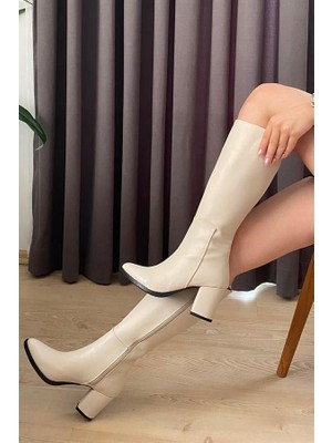 M&B COLLECT Kadın Paris Krem Cilt Yandan Fermuarlı Diz Altı Cizme 410