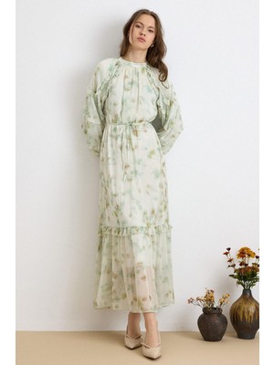 Olcay Kat Kat Fır Fır Detaylı Desenli Kristal Şifon Elbise Yeşil 9436-E