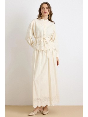 Olcay Brodeli Kumaş Exclusive Gömlek Etek Takım Bej 9437-TK