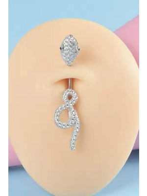 Blisse Piercing Kadın Gümüş Renk Yılan Figürlü Zirkon Taşlı Cerrahi Çelik Göbek Piercing