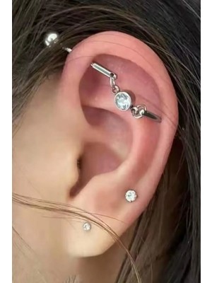 Blisse Piercing Unisex Gümüş Renk Sallantılı Zirkon Taşlı Cerrahi Çelik Industrial Köprü Piercing