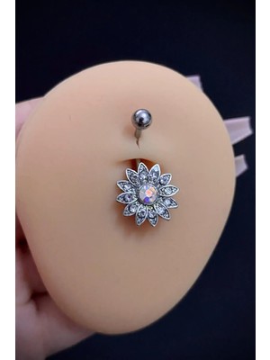 Blisse Piercing Kadın Gümüş Papatya Taşlı Belly Çelik Göbek Piercing
