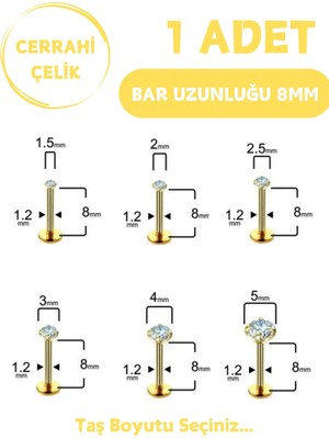 Blisse Piercing Cerrahi Çelik 8mm Zirkon Taş Tragus Helix Kulak Kıkırdak Flat Conch Dudak Burun Snake Bites Piercing