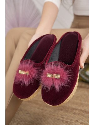 Moda Fırsat Bordo Kadın Tüylü Ev Terliği Kışlık Kapalı Yumuşak Rahat Taşlı Terlik Doğum Çeyiz Misafir Terliği