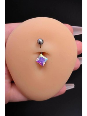 Blisse Piercing Kadın Gümüş Kare Hologram Zirkon Taşlı Belly Çelik Göbek Piercing