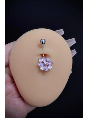 Blisse Piercing Kadın Cerrahi Çelik Çiçek Figürlü Pembe Taşlı Belly Göbek Piercing