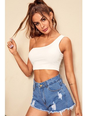 İmoda Kadın Beyaz Tek Omuz Crop Büstiyer