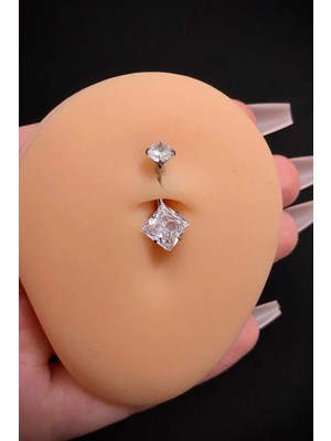Blisse Piercing Kadın Gümüş Kare Zirkon Taşlı Belly Cerrahi Çelik Göbek Piercing