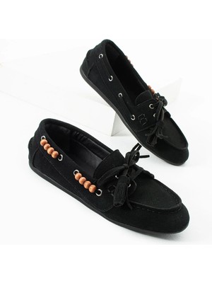 Dicle Polat Kadın Siyah Süet Loafer Ayakkabı Püsküllü Bağcıklı Günlük Makosen Model Carlas