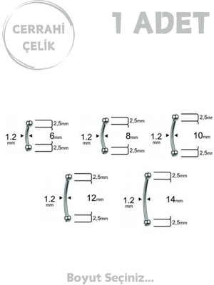 Blisse Piercing Unisex Cerrahi Çelik 2.5mm Toplu Rook Kaş Daith Helix Kıkırdak Piercing
