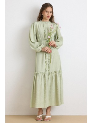 Olcay Fırfır Detaylı Jakar Elbise Çağla 9431-E