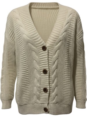 Hsc Bilişim Kadın Krem Düğmeli Kısa Triko Hırka – Burgulu Örgü Desenli