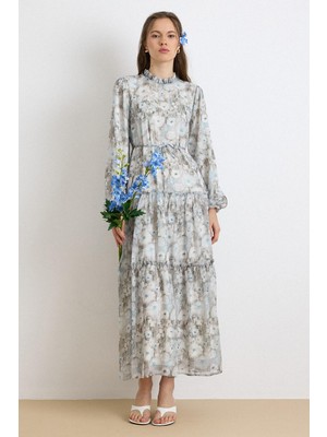 Olcay Fır Fır Detaylı Çiçek Desenli Kristal Şifon Elbise Mavi 9435-E