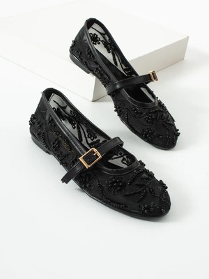 Kadın Siyah Dantel Babet Boncuk Nakışlı Bilekten Bantlı Rahat Düz Taban Şık Yazlık Ayakkabı Egano