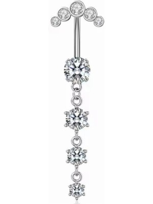 Blisse Piercing Kadın Gümüş Çift Taşlı Sıralı Sallantılı Cerrahi Çelik Göbek Piercing