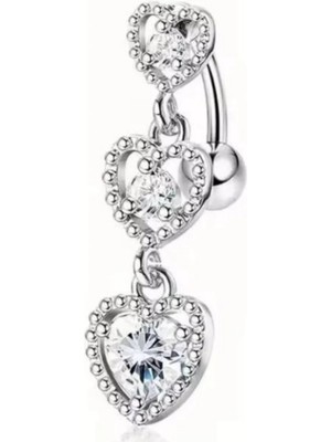 Blisse Piercing Kadın Gümüş 3 Sıra Kalp Sallantılı Cerrahi Çelik Göbek Piercing