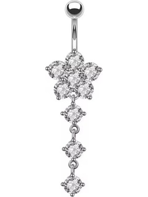 Blisse Piercing Gümüş Renk Çiçek Figürlü Sallantılı Zirkon Taşlı Cerrahi Çelik Göbek Piercingi