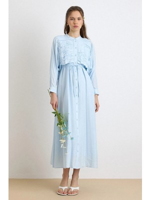 Olcay Büzgü ve Pelerin Detaylı Elbise AÇIK MAVİ 9433-E