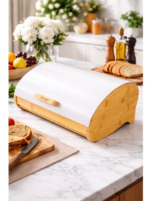 Feyza Design Bambu Ekmek Kutusu, Kapaklı, Metal Kapaklı, Ahşap Sepet, Beyaz Renk