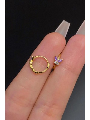 Blisse Piercing Kadın Kelebek Figürlü Mor Zirkon Taşlı Tragus Helix Kıkırdak Halka Çelik Piercing