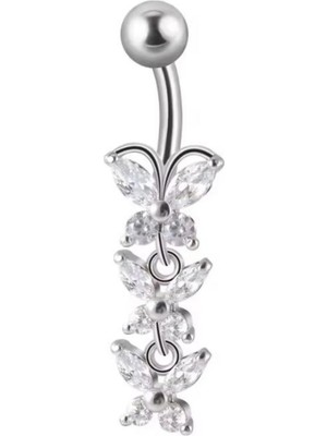 Blisse Piercing Kadın Gümüş 3 Sıra Kelebek Figürlü Sallantılı Cerrahi Çelik Göbek Piercing