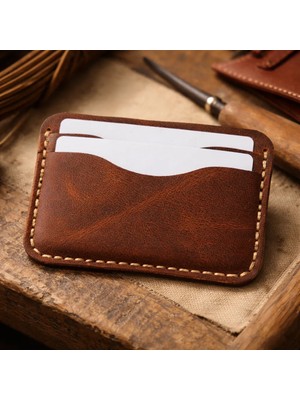 Hasko Atelier Kartlık Hakiki Deri Erkek Kadın Kahverengi El Yapımı 5 Gözlü Minimalist Cüzdan Ince Tasarım