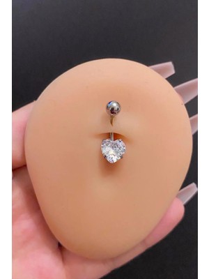 Blisse Piercing Kadın Gümüş Zirkon Taşlı Kalp Figürlü Çelik Göbek Piercing