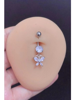 Blisse Piercing Kadın Gümüş Sallantılı Zirkon Taşlı Kelebek Figürlü Çelik Göbek Piercing