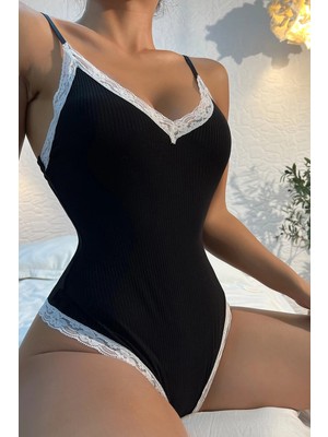 İmoda Kadın Siyah Dantel Işlemeli Gecelik Tulum Özel Kumaş ile Şık Tasarım