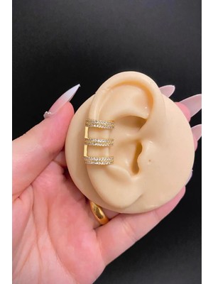 Blisse Piercing Gold Renk 3 Sıra Görünümlü Zirkon Taşlı Ear Cuff Kıkırdak Küpe – Sıkıştırmalı, Çelik, Deliksiz