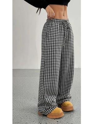 Modatıkla Kadın Yüksek Bel Lastikli Bağcıklı Geniş Kesim Kazayağı Dalgıç Pantolon