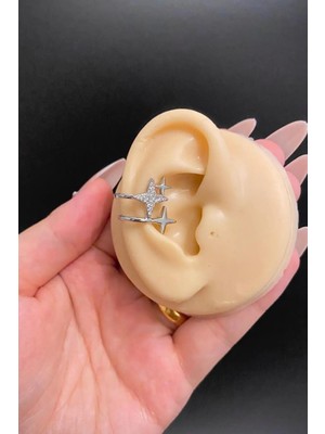 Blisse Piercing Gümüş Renk Kuzey Yıldızı Figürlü Zirkon Taşlı Çelik Ear Cuff Kıkırdak Küpe – Sıkıştırmalı, Deliksiz