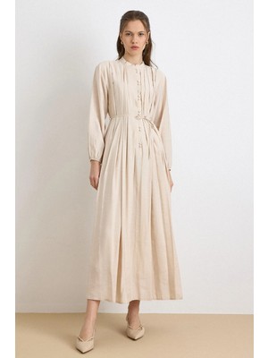 Olcay Düğme Kapamalı Pile Detaylı Kloş Elbise Bej 9430-E