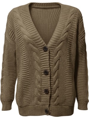 Hsc Bilişim Kadın Kahve Düğmeli Kısa Triko Hırka – Burgulu Örgü Desenli