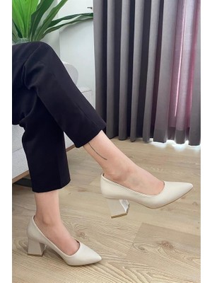 Difolia Kadın Krem Cilt 6,5 cm Kalın Topuklu Stiletto