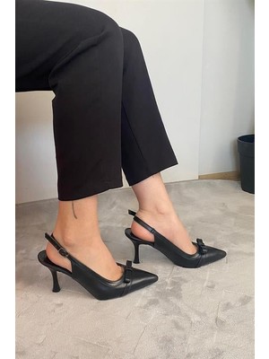 Difolia Kadın Siyah Cilt Fiyonk Detaylı Arkası Acık 9 cm Ince Topuklu Ayakkabı