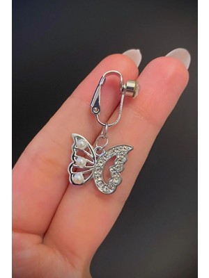 Blisse Piercing Kadın Çelik Zirkon Taşlı Incili Kelebek Sıkıştırma Deliksiz Göbek Piercing