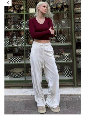 Modatıkla Kadın Yüksek Ben Beli Lastik Detay Kadife Kumaş Bol Paça Pantolon