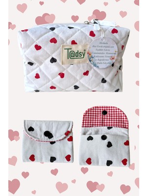 Özgürce Kalp Desenli Pamuk Makyaj ve Kozmetik Çantası ile Mini Cüzdan, 22X12X10 cm