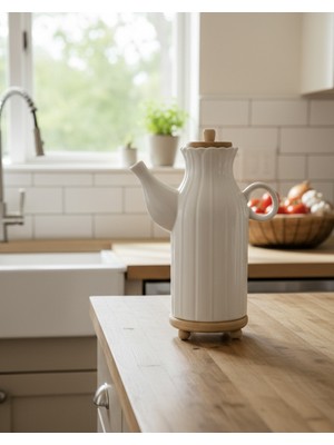 Bambu Altlıklı Porselen Yağ & Sirkelik 1000 ml - Mutfak Tezgah Üstü Dekoratif Yağdanlık Papatya Desen