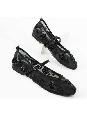 Kadın Siyah Taşlı File Babet Mary Jane Işıltılı Payetli Şık Ayakkabı Romea