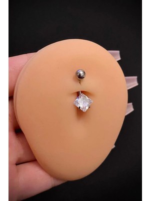 Blisse Piercing Kadın Gümüş Kare Zirkon Taşlı Belly Çelik Göbek Piercing