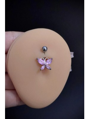 Blisse Piercing Kadın Gümüş Kelebek Zirkon Taşlı Belly Cerrahi Çelik Göbek Piercing