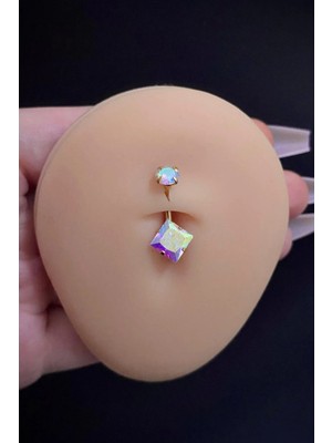 Blisse Piercing Kadın Gold Renkli Kare Taşlı Belly Cerrahi Çelik Göbek Piercing