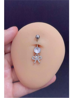 Blisse Piercing Kadın Gümüş Sallantılı Zirkon Taşlı Fiyonk Figürlü Çelik Göbek Piercing