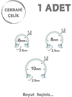 Blisse Piercing Unisex Cerrahi Çelik Zirkon Taşlı 2.5mm Septum Dudak Tragus Helix Kıkırdak Halka Piercing