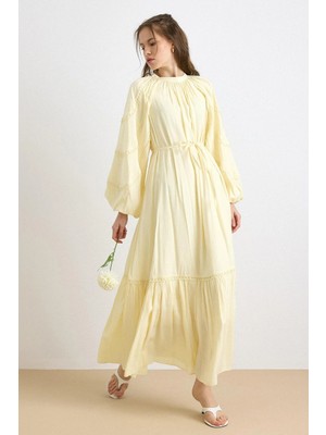 Olcay Fisto Detaylı Balon Kol Pamuklu Elbise Sarı 9427-E