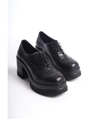 Difolia Kadın Dianai Siyah Cilt Carık Model 8 cm Topuklu Platformlu Ayakkabı